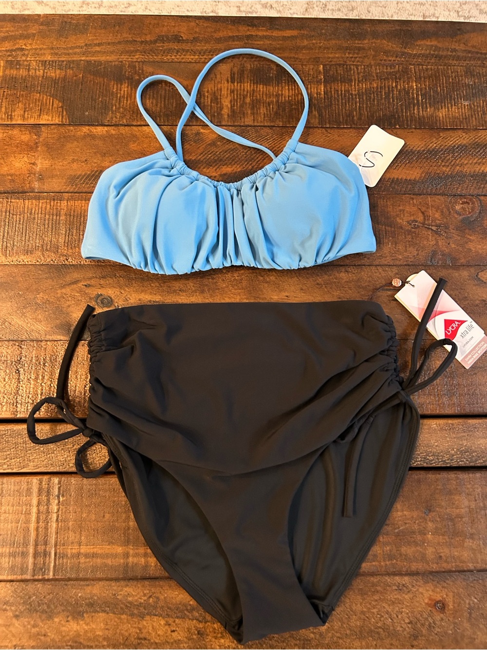 CALIA by Carrie Underwood Sky Blue Bandeau Top with Black High-Waist Bottoms